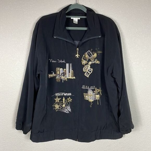 Vintage Mureli 90s Y2K Airline Travel Black Bomber Jacket Full Zip Embroidered M - Picture 2 of 11